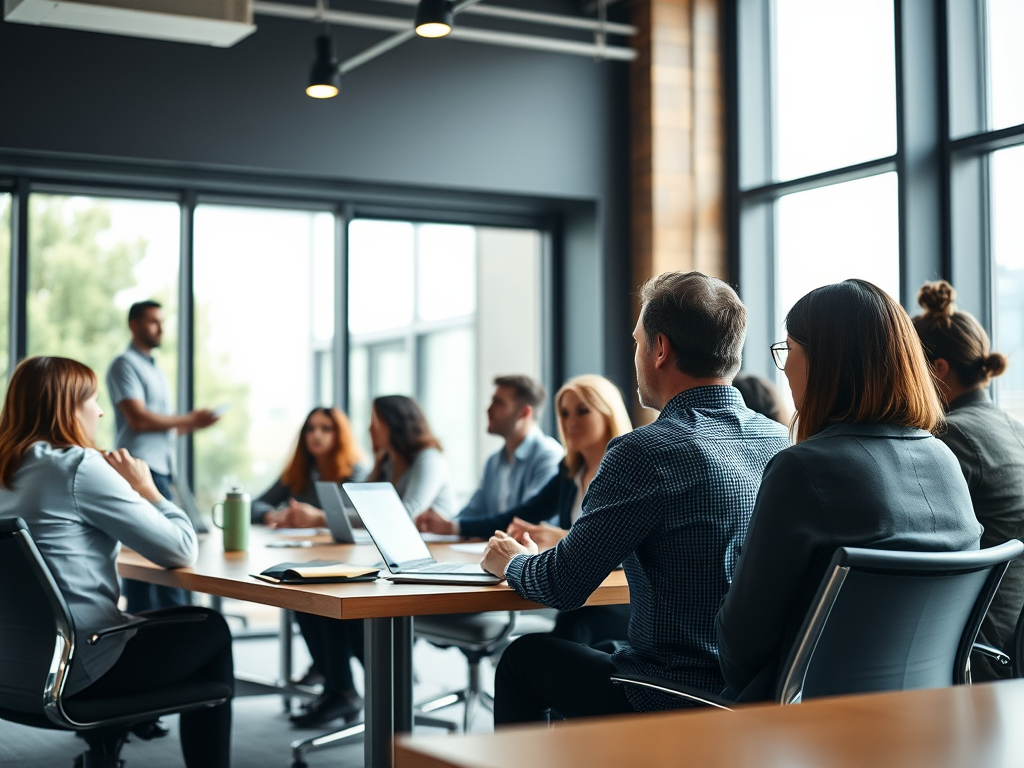 Training "Je bedrijf opzetten". Groep mensen die een training volgt. AI-gegenereert
