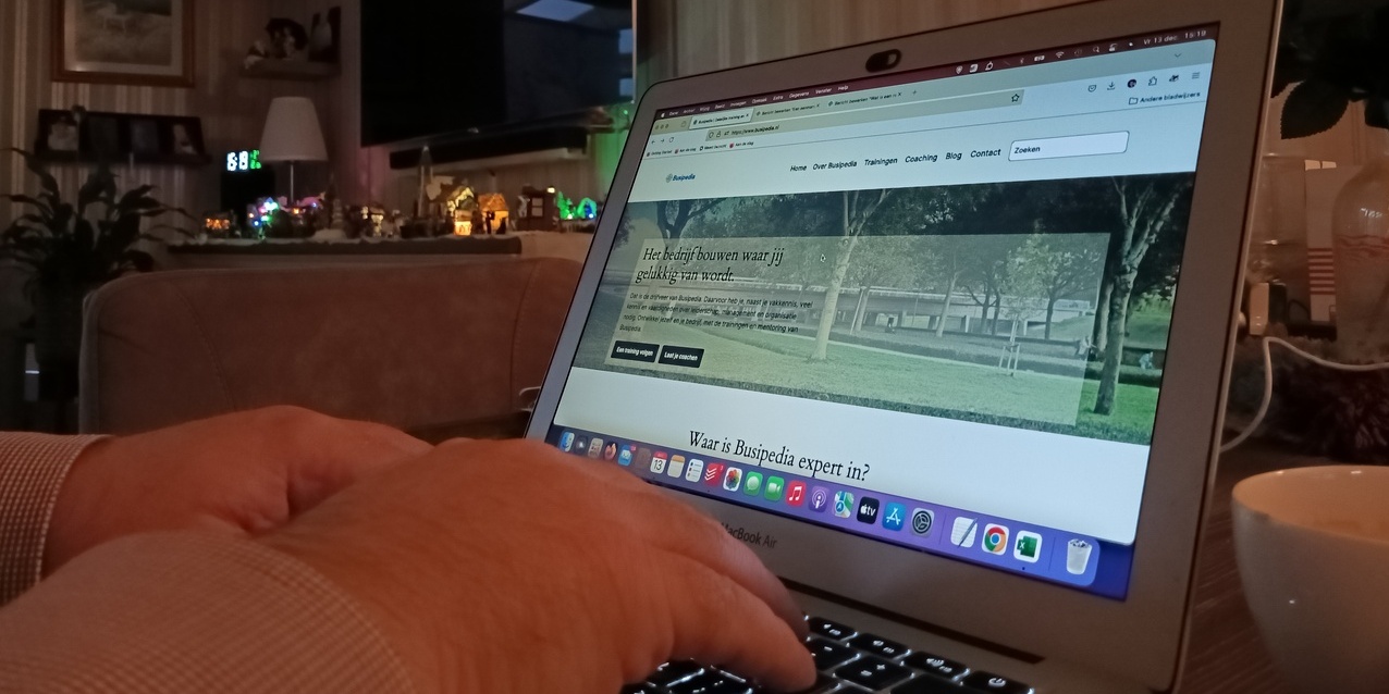 Een eenmanszaak, hoe werkt dat? - Handen op laptop met Busipedia website op het scherm - © 2024 Wesley M. Dekker